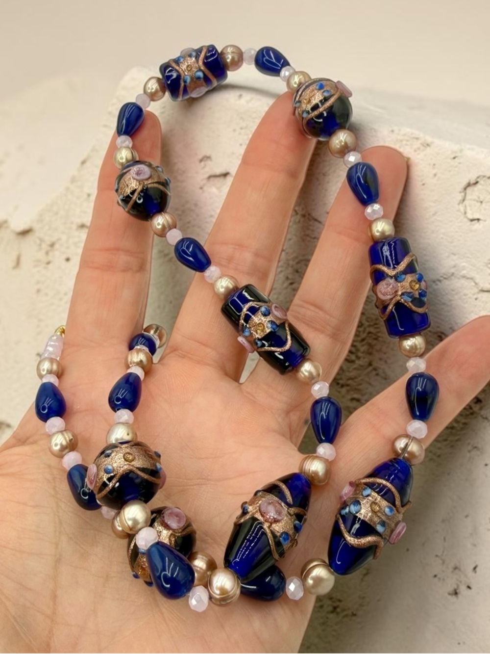 Venetian Wedding Cake Bead Necklace Blue Jade Genuine Pearl Pink Crystal 20” - Picture 5 of 17